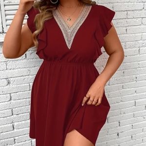 Elegant Burgundy Lace Trim Dress